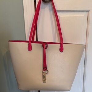 Bella of Cape Cod Pebbled Cream Tote with Hot Pink Trim and Straps